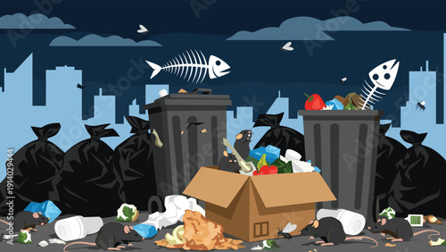 Dirty city alley at night filled with overflowing trash cans and garbage bags attracting rats and flies in urban area.