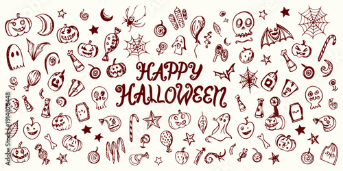 Halloween Theme doodle illustration set, hand drawn decoration icon. Vector pumpkins, ghosts, bats, witches’ hats, candy, spider webs, stars, and spooky decorative elements.