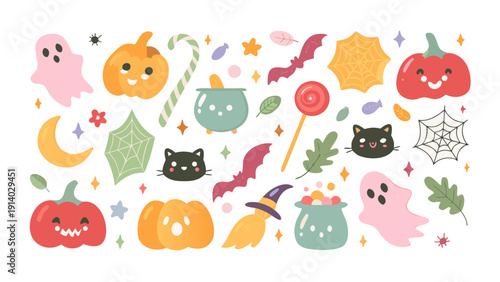 Halloween-themed hand drawn cute, vintage doodle elements. pumpkins, ghosts, bats, black cats, witches’ hats, candy corn. Holiday retro decorations. Vector illustration.