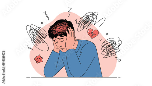Stressed young man suffering from mental health issues with messy thoughts and broken heart icon against abstract background.