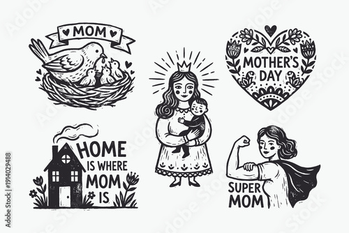 Vintage Mother's Day Black and White Linocut Illustrations Set