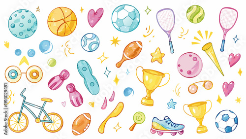 Hand drawn crayon pencil stroke doodle balls, rackets, bicycles, trophies, skateboards, sneakers, and jump ropes. Vector illustration