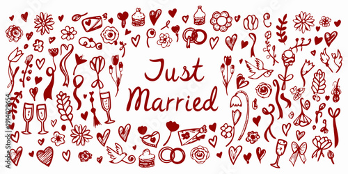 Hand drawn Marriage Theme doodle illustration set with rings, bridal bouquets, doves, wedding cakes, hearts icon. Trendy red doodle style perfect for card, gift, print, and social media.