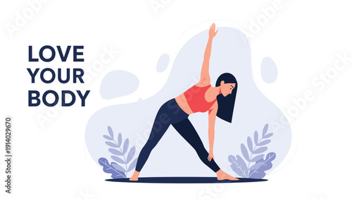 Motivational fitness banner with woman practicing triangle yoga pose and text love your body on soft background.