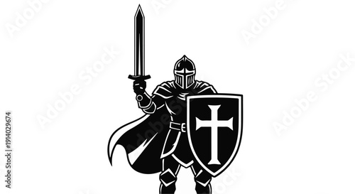 Medieval knight warrior in armor holding sword and shield with cross symbol on black and white illustration for historical or fantasy concept