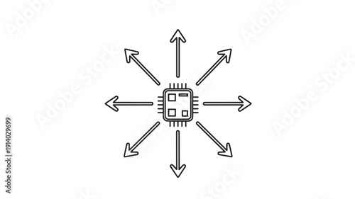 Central Microchip with Radiating Arrows Symbolizing Connectivity and Data Flow