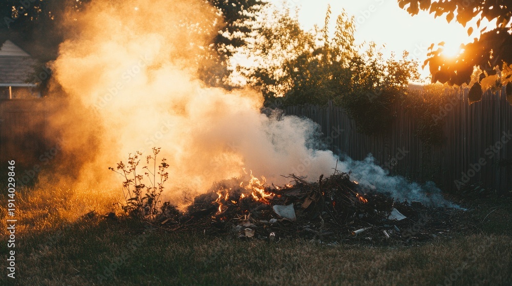 Fototapeta premium A Warm Sunset Scene of a Burning Pile of Debris with Smoke Rising and Sunlight Filtering Through Trees in a Peaceful Backyard Environment