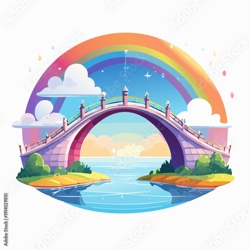A whimsical arched bridge adorned with a vibrant rainbow over a tranquil body of water