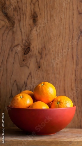 Vibrant Oranges Overflowing in Red Ceramic Bowl on Wood Surface