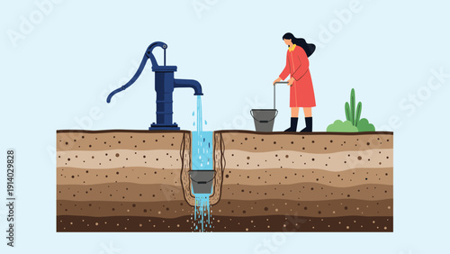 Woman using traditional hand pump to fetch clean water from underground well in rural area with cross section view.
