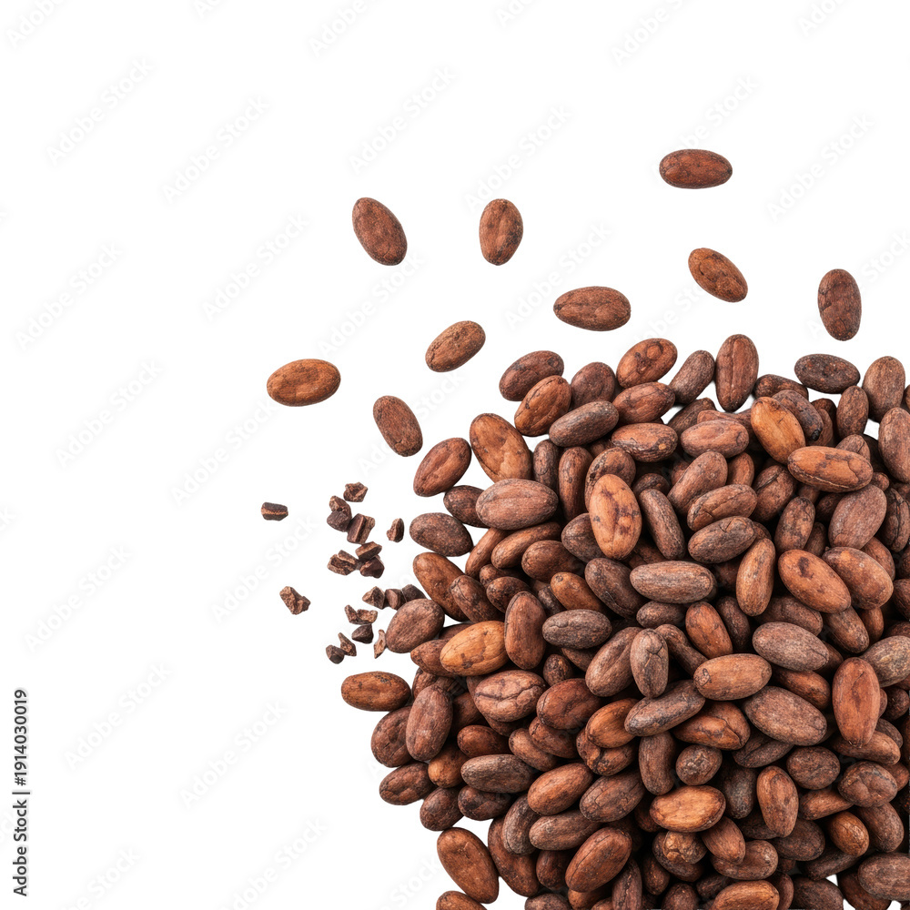 Obraz premium Roasted whole cocoa beans and nibs on a transparent background in a flat lay with ample copy space. Concept for luxury beverage advertising