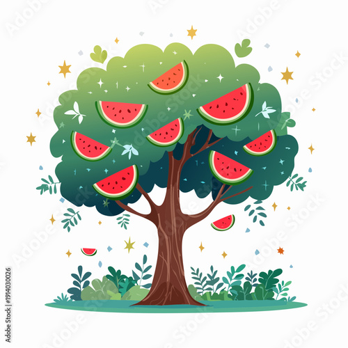 Vibrant cartoon tree adorned with ripe watermelon slices, embodying summer joy and nature's bounty in a fantastical garden