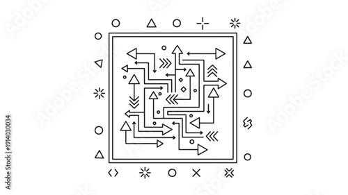 Complex Cooperation Flowchart with Arrows and Symbols in Black and White