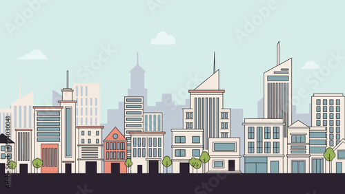 Modern city landscape panorama featuring various office buildings and residential houses under clear sky in flat style.