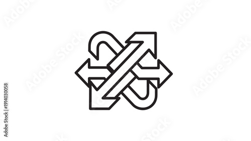 Minimalist black and white crossed arrows icon symbolizing teamwork collaboration networking synergy and business flow