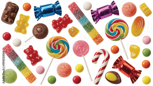 Assorted colorful candies and sweets on white background