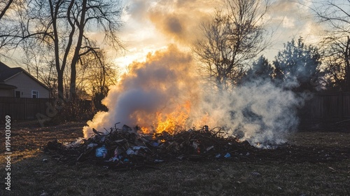 A Large Pile of Burning Trash Producing Thick Smoke at Sunset in a Backyard Landscape Surrounded by Trees and Fencing