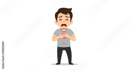 A young man clutches his chest with both hands, screaming in agony from severe pain or a sudden medical emergency.
