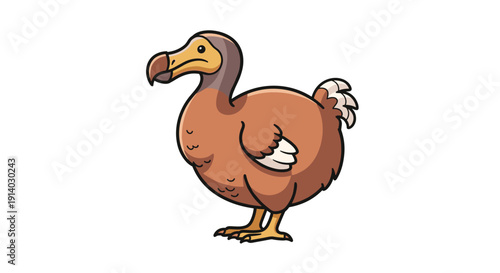 A brown dodo bird with light-colored feathers and a large beak is standing facing left on a white background.