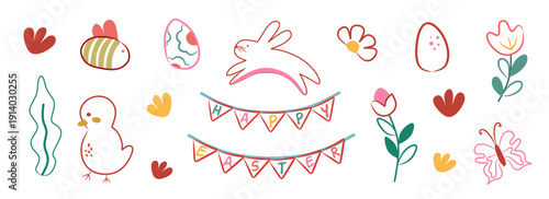 Set of of Easter day icon elements with bunny, hen, bird characters, eggs, flower, and leaves. Cheerful festive decoration Spring season day, Easter holiday. Colorful vector illustration.