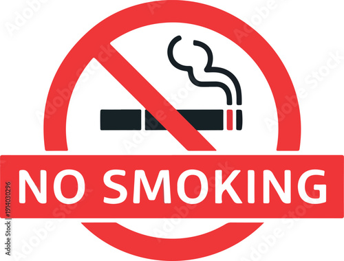 Red prohibition sign indicating no smoking allowed with a cigarette icon inside a circular red border and a red banner displaying the text no smoking