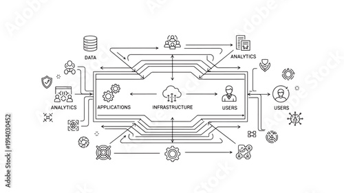 Digital data flow in cloud infrastructure with team collaboration and app integration vector illustration