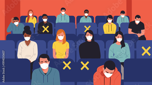 Diverse audience wearing face masks and sitting apart for social distancing in cinema or theater hall during pandemic.