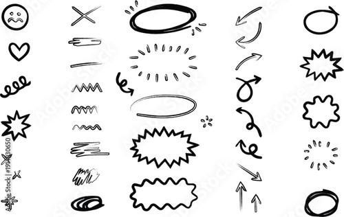 Collection of hand drawn sun and starburst symbols