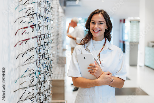 A professional young female ophthalmologist or optometrist smiling at the camera while holding a tablet in an optical store with a customer in the background.