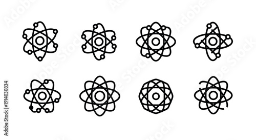 Collection Of Stylized Atomic Orbit Diagrams In Black Outline On White Background Scientific Symbol Representing Atoms Molecules Physics Chemistry And Research Concepts