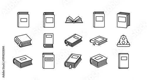Collection of Stylized Book Icons Representing Knowledge and Literature Black and White Vector Graphics on a White Background