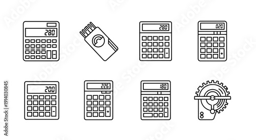 Collection of Stylized Calculator Icons and a Gear Mechanism Representing Financial Calculations and Mechanical Engineering with Clean Line Art and White Background