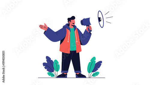 Young man shouting or making announcement through megaphone while standing between tropical leaves and plants.