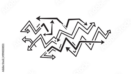 Dynamic black and white arrows network flow diagram illustrating teamwork cooperation direction and business growth strategy