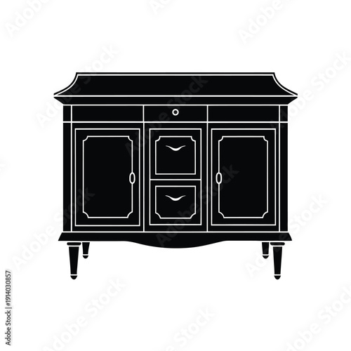 A simple black and white line drawing of an antique sideboard
