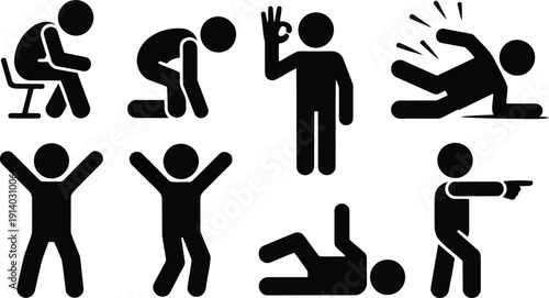 Diverse set of black stick figures performing a range of human actions and gestures on white