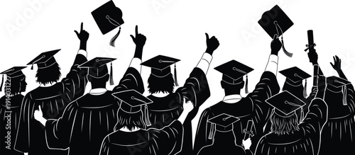 Group of graduates silhouette throwing caps in the air vector illustration isolated on white background for education celebration concept design