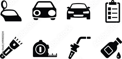 Automotive service icon set with car, flashlight, checklist, fuel nozzle, tape measure vector illustration symbols collection design
