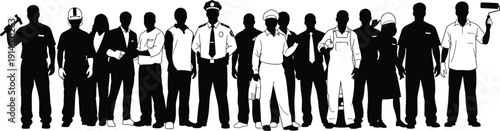 Group of diverse professionals and workers silhouettes standing together vector illustration isolated on white background for international labor day concept
