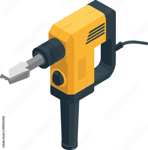 Isometric electric jackhammer tool illustration, construction equipment, demolition hammer, industrial power tool, engineering vector isolated design concept