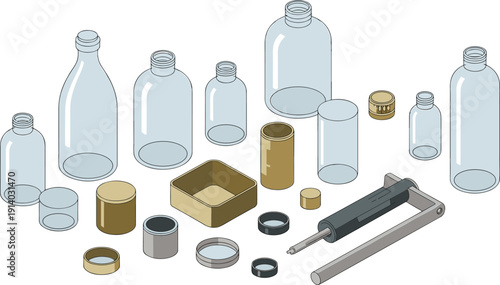 Isometric glass bottle packaging collection with jars, containers, lids, syringe applicator, product mockup illustration vector set design