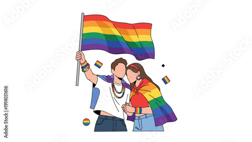 Young couple celebrating pride with rainbow flag and wearing colorful accessories against plain white background.