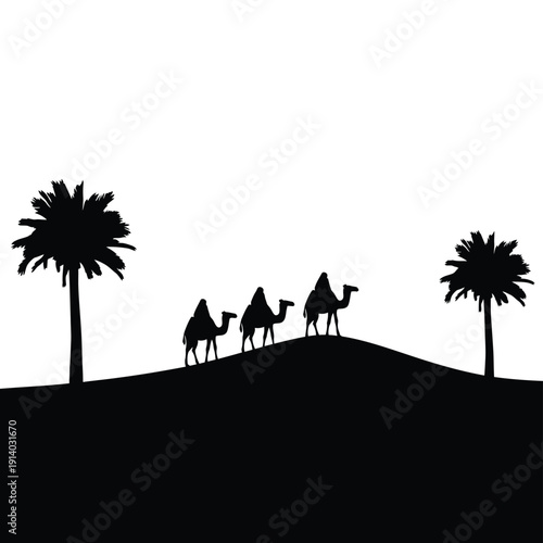 Silhouetted camels traverse a desert landscape under a bright sky