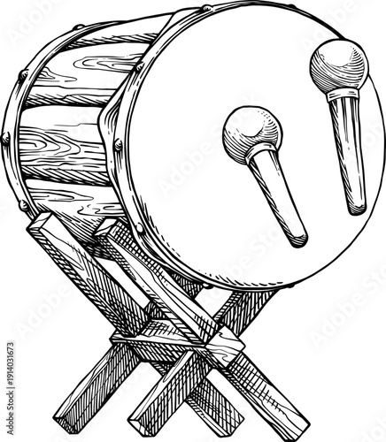 Line art illustration of a mosque drum using engraving drawing techniques. Suitable for Ramadan designs or Islamic religious design elements.