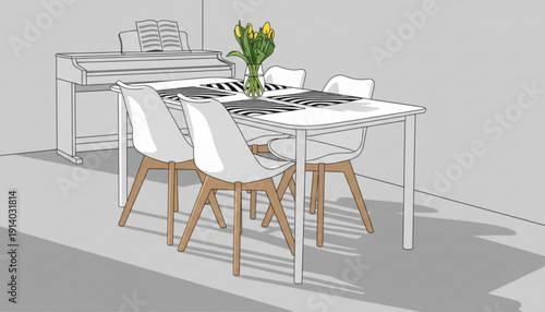 Modern dining room interior with table chairs piano and tulips vase on table