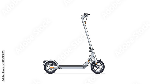 Modern silver electric kick scooter for urban transportation and daily commute isolated on white background with side view.