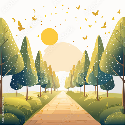 Path through serene forest under sun, with trees and butterflies, peaceful nature walk