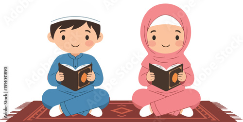 Children sitting on a prayer mat reading religious books together in a serene environment