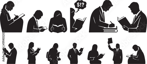 Silhouettes of people reading and using digital devices daily