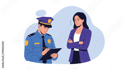 Serious police officer in uniform writing on clipboard while talking to a concerned woman on urban street background.